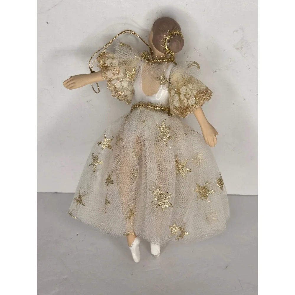 Vintage Ballerina Christmas Ornament White Gold Tulle Star Dress Dancer Decor